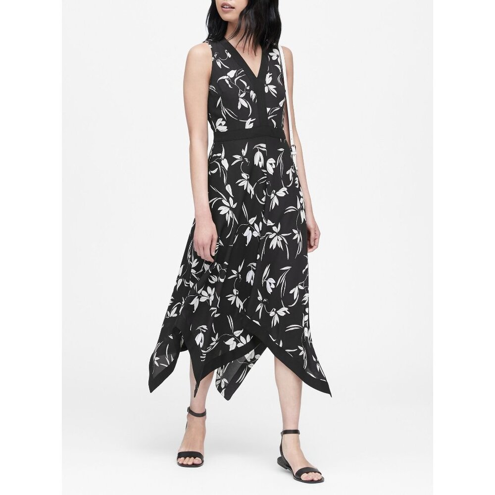 Banana Republic Women's 12 Black and White Floral Handkerchief Hem Dress